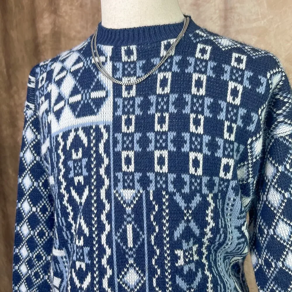 Vintage Geometric Sweater 80s Argyle Diamond Knit Blue White Eclectic Grandpa